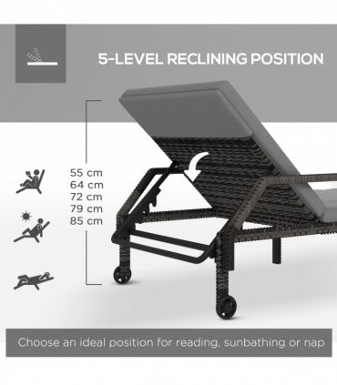 Outsunny Rattan Wicker Chaise Sun Lounger Garden w/ Adjustable Backrest & Wheels