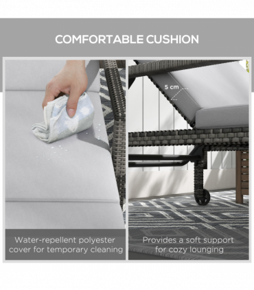 Outsunny Rattan Wicker Chaise Sun Lounger Garden w/ Adjustable Backrest & Wheels