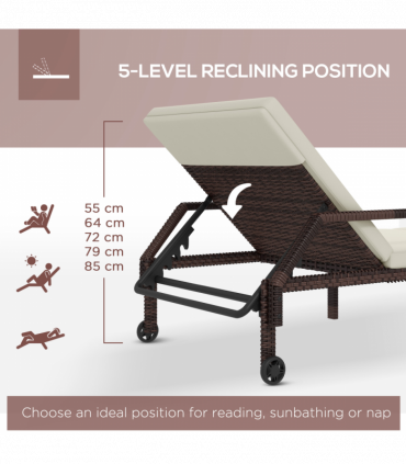 Outsunny Rattan Wicker Chaise Sun Lounger Garden w/ Adjustable Backrest & Wheels