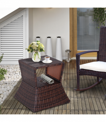 Outsunny Rattan Wicker Tea Coffee Table w/ Umbrella Hole Storage Space Brown