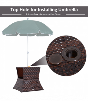 Outsunny Rattan Wicker Tea Coffee Table w/ Umbrella Hole Storage Space Brown