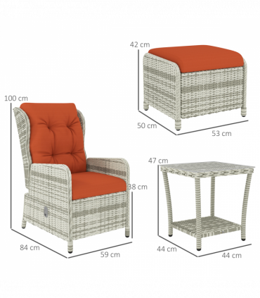 Outsunny Recliner Rattan Garden Furniture w/ Two-tier Table, Orange