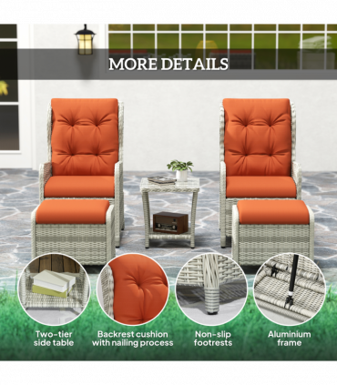 Outsunny Recliner Rattan Garden Furniture w/ Two-tier Table, Orange