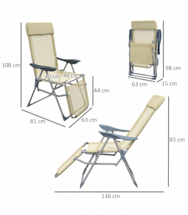Outsunny Reclining Garden Chairs Set of 2 with 5-level Adjustable Backrest Beige