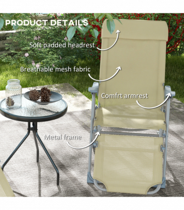 Outsunny Reclining Garden Chairs Set of 2 with 5-level Adjustable Backrest Beige