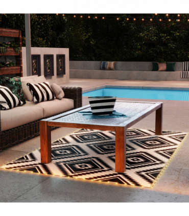 Outsunny Reversible Outdoor Rug with LED String Lights, Black and White