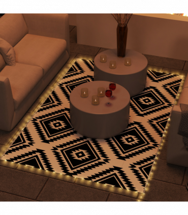 Outsunny Reversible Outdoor Rug with LED String Lights, Black and White