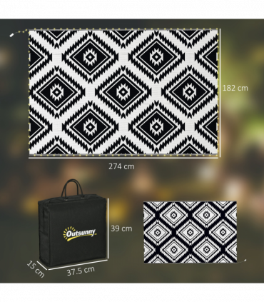 Outsunny Reversible Outdoor Rug with LED String Lights, Black and White