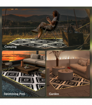 Outsunny Reversible Outdoor Rug with LED String Lights, Black and White