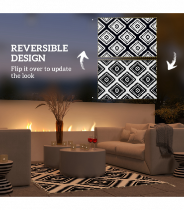 Outsunny Reversible Outdoor Rug with LED String Lights, Black and White