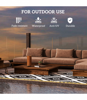 Outsunny Reversible Outdoor Rug with LED String Lights, Black and White