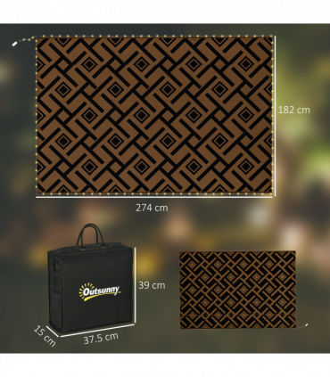 Outsunny Reversible Outdoor Rug with LED String Lights, Brown and Black