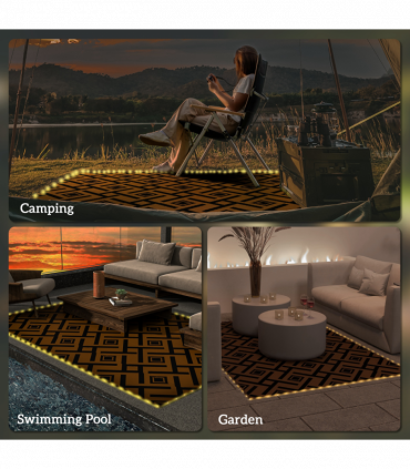 Outsunny Reversible Outdoor Rug with LED String Lights, Brown and Black