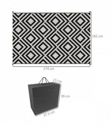 Outsunny Reversible Waterproof Outdoor Rug with Carry Bag, 182 x 274 cm, Black