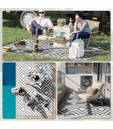 Outsunny Reversible Waterproof Outdoor Rug with Carry Bag, 182 x 274 cm, Black