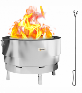 Outsunny Round Fire Pit with Grill Net, Stainless Steel Firepit, Silver