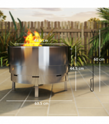 Outsunny Round Fire Pit with Grill Net, Stainless Steel Firepit, Silver