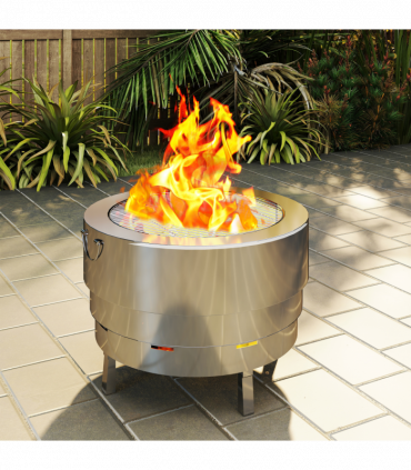 Outsunny Round Fire Pit with Grill Net, Stainless Steel Firepit, Silver