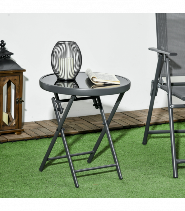 Outsunny Round Folding Side Table w/ Imitation Marble Glass Top, Black