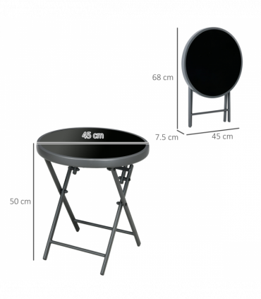 Outsunny Round Folding Side Table w/ Imitation Marble Glass Top, Black