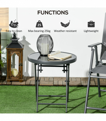 Outsunny Round Folding Side Table w/ Imitation Marble Glass Top, Black