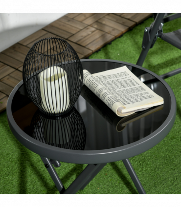 Outsunny Round Folding Side Table w/ Imitation Marble Glass Top, Black