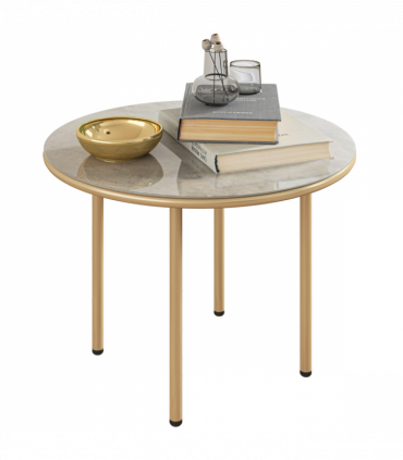 Outsunny Round Small Garden Table with Faux Marble Glass Top, Beige