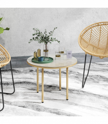 Outsunny Round Small Garden Table with Faux Marble Glass Top, Beige