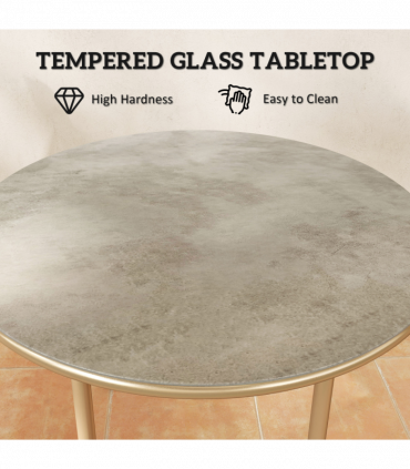 Outsunny Round Small Garden Table with Faux Marble Glass Top, Beige