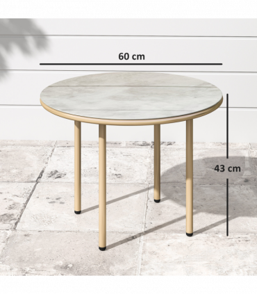 Outsunny Round Small Garden Table with Faux Marble Glass Top, Beige