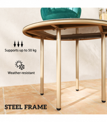 Outsunny Round Small Garden Table with Faux Marble Glass Top, Beige