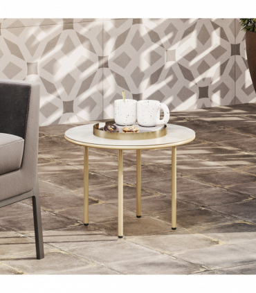 Outsunny Round Small Garden Table with Faux Marble Glass Top, Beige