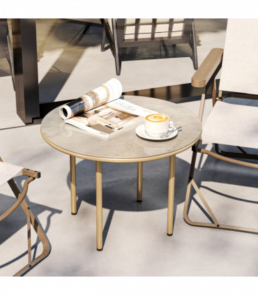 Outsunny Round Small Garden Table with Faux Marble Glass Top, Beige