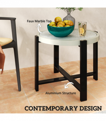 Outsunny Round Small Garden Table with Faux Marble Glass Top, Light Grey