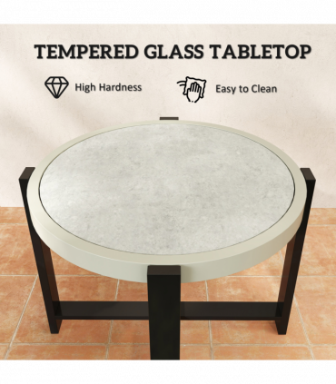 Outsunny Round Small Garden Table with Faux Marble Glass Top, Light Grey