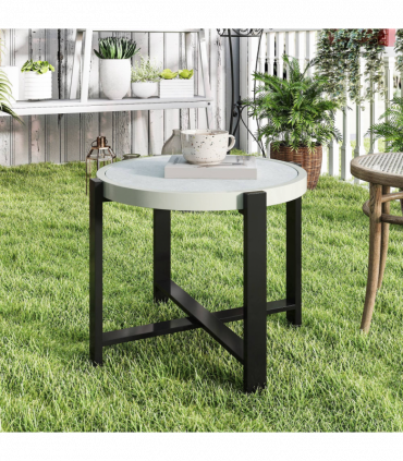 Outsunny Round Small Garden Table with Faux Marble Glass Top, Light Grey