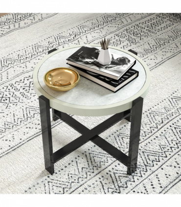 Outsunny Round Small Garden Table with Faux Marble Glass Top, Light Grey