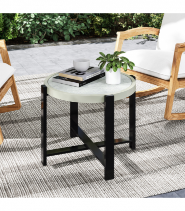 Outsunny Round Small Garden Table with Faux Marble Glass Top, Light Grey