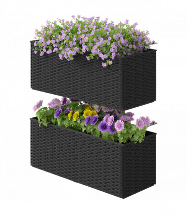 Outsunny Set of 2 Hanging Flower Boxes, 50 cm Long, Rattan Look, Black