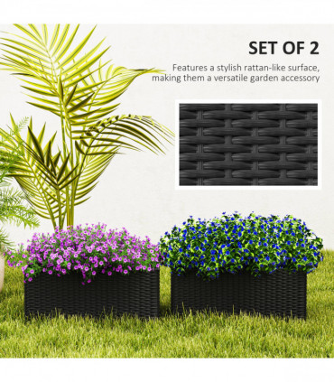 Outsunny Set of 2 Hanging Flower Boxes, 50 cm Long, Rattan Look, Black