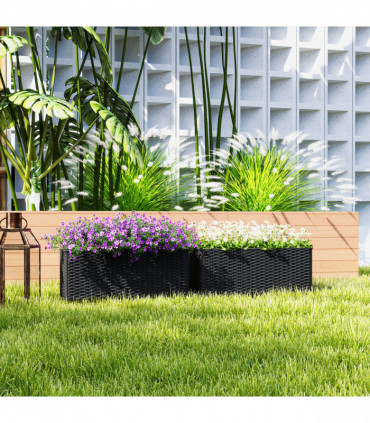 Outsunny Set of 2 Hanging Flower Boxes, 50 cm Long, Rattan Look, Black