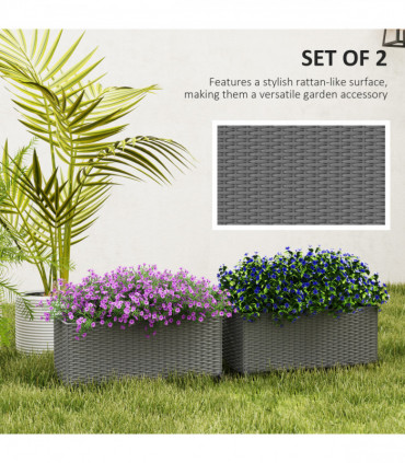 Outsunny Set of 2 Hanging Flower Boxes, 50 cm Long, Rattan Look, Grey