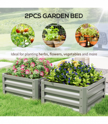Outsunny Set of 2 Raised Garden Bed Galvanised Planter Box, Light Grey