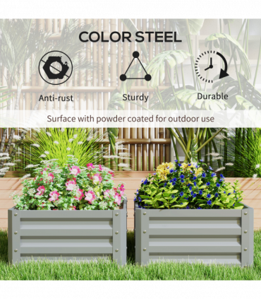 Outsunny Set of 2 Raised Garden Bed Galvanised Planter Box, Light Grey
