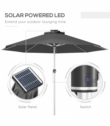 Outsunny Solar Patio Garden Parasol with Lights for Outdoor, Charcoal Grey