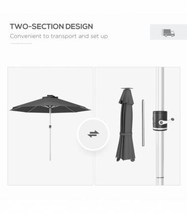 Outsunny Solar Patio Garden Parasol with Lights for Outdoor, Charcoal Grey