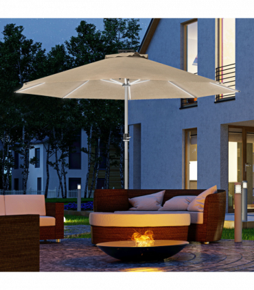 Outsunny Solar Patio Garden Parasol with Lights for Outdoor, Khaki