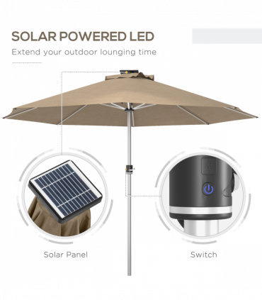 Outsunny Solar Patio Garden Parasol with Lights for Outdoor, Khaki