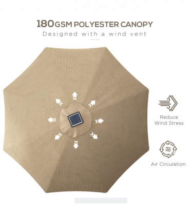 Outsunny Solar Patio Garden Parasol with Lights for Outdoor, Khaki