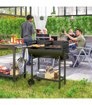 Outsunny Steel 2-Grill Charcoal BBQ w/ Wheels Black